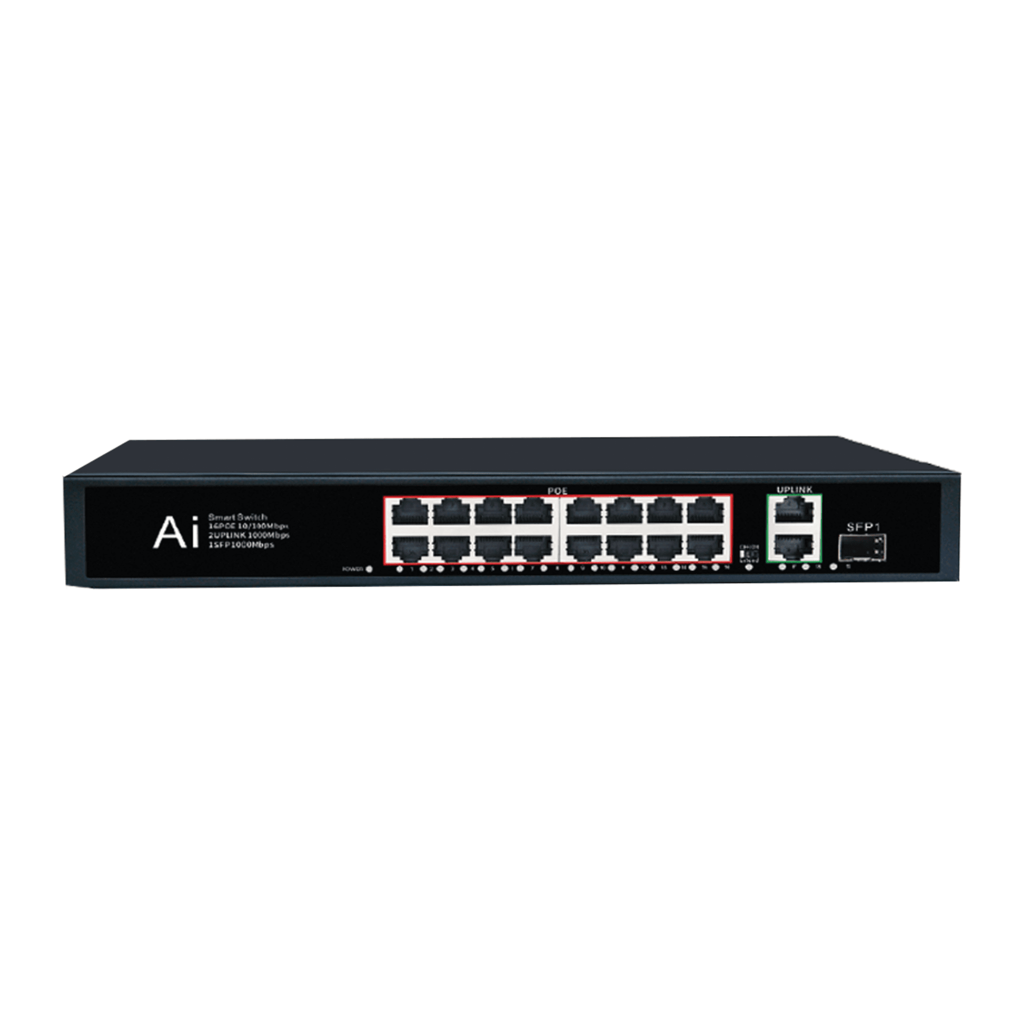 Коммутатор неуправляемый POE FT-S1116FP-2T1S 16*10/100M RJ45 POE, 2*10/100M/1000 RJ45 1*SFP, корпус металл