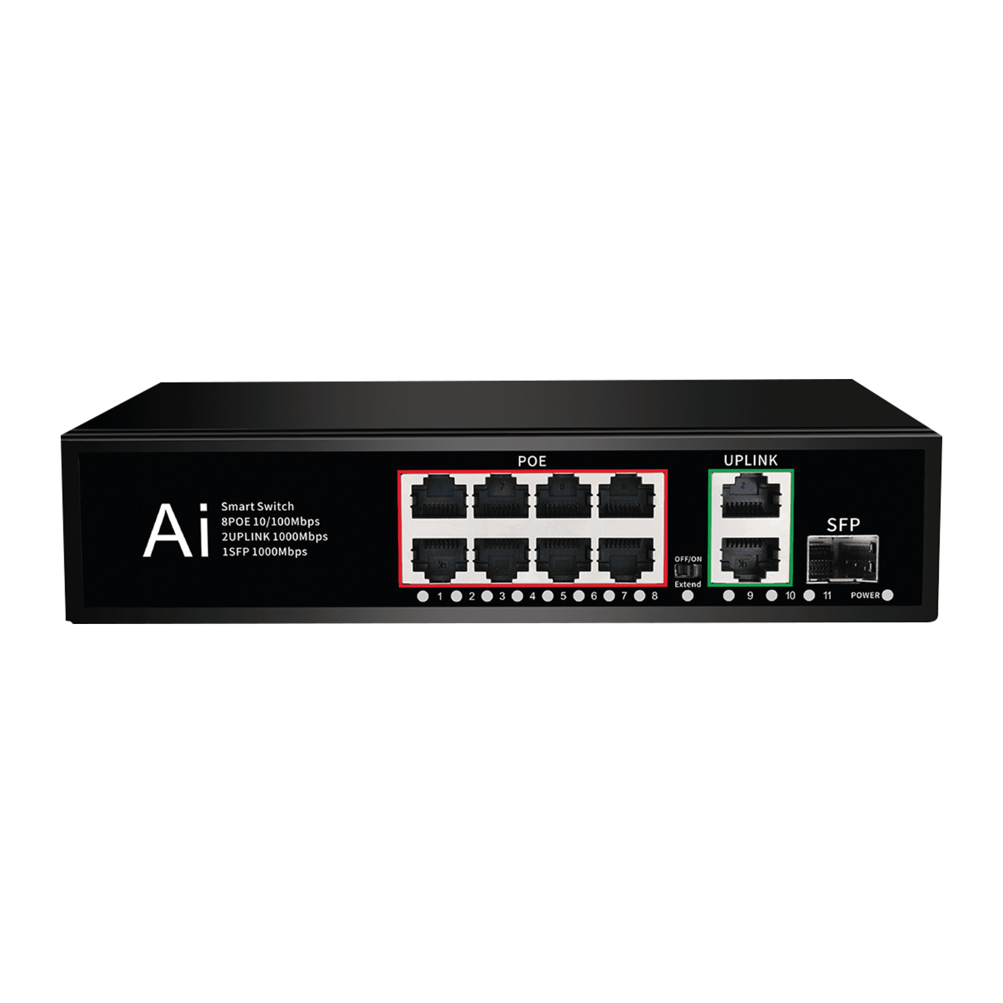 Коммутатор неуправляемый POE FT-S118FP-2T1S 8*10/100M RJ45 POE, 2*10/100M/1000 RJ45 1*SFP, корпус металл